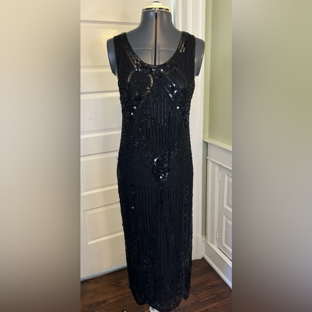 Rue de Calais Elegant Black Silk Sequin Dress